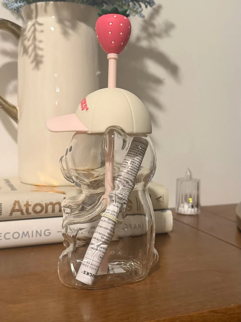 Starbucks Clear Bearista Tumbler with Pink Straw and Cream Cap